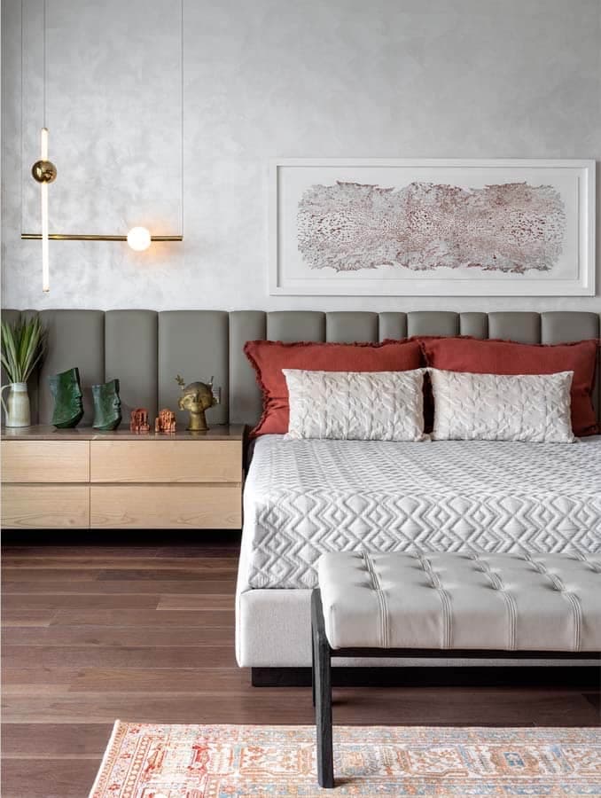 Upholstered headboard and bench in a guest bedroom — hospitality photography by Imagesque, Dubai