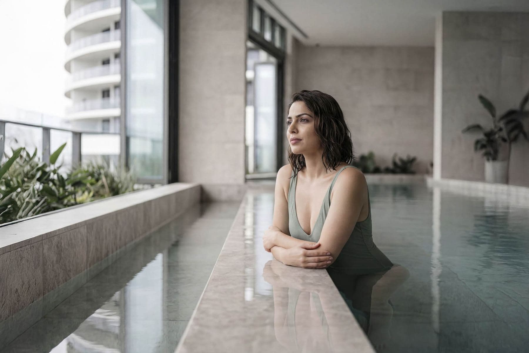 Woman relaxing beside an infinity pool on a private residence terrace — luxury lifestyle photography Dubai
